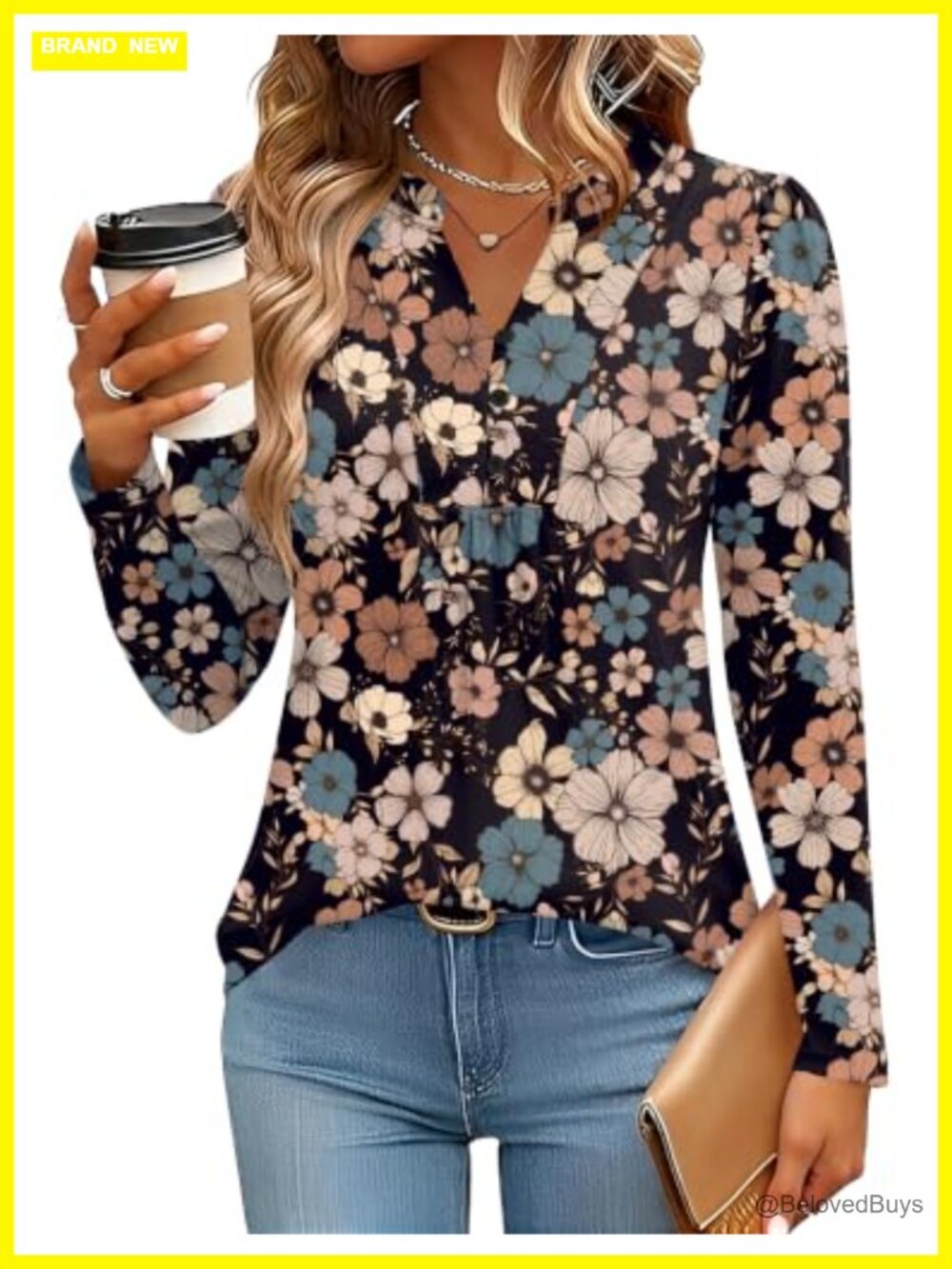 Women Long Sleeve Henley V-Neck Pleated Tunic Top Fall Blouse